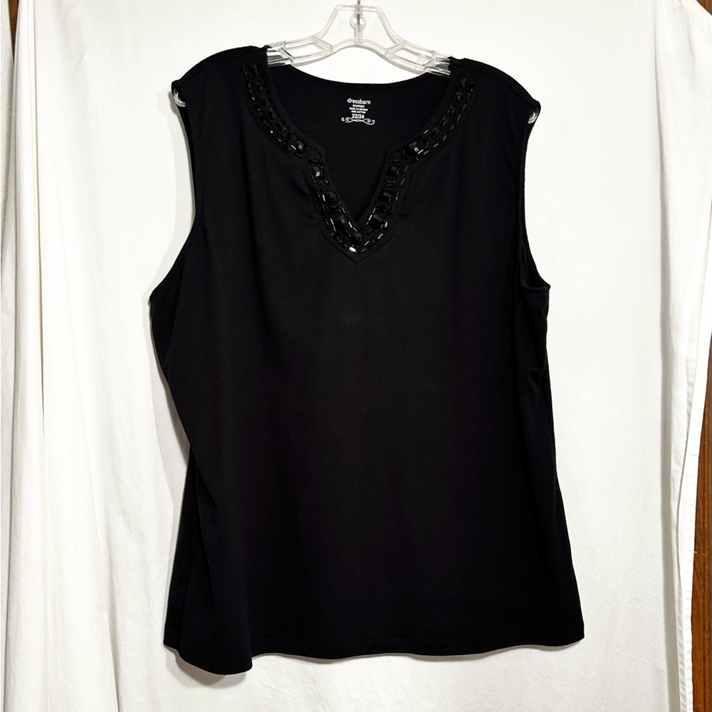 WOMENS 22/24 BLACK BEADED NECKLINE V-NECK SLEEVELESS DRESS BARN WOMAN BLOUSE